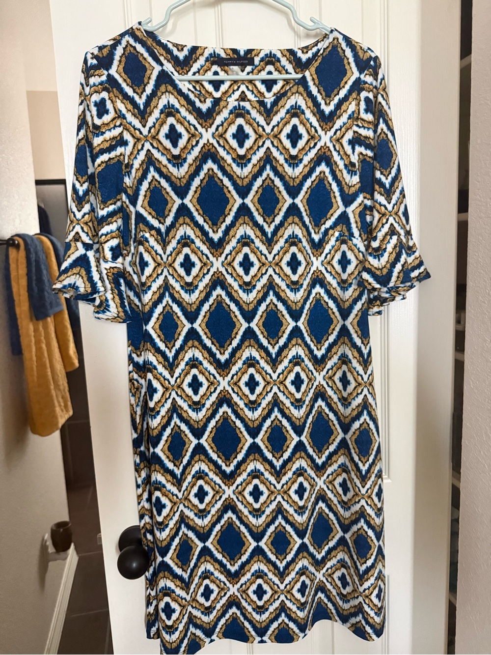 Tommy Hilfiger Blue, White & Gold Geometric Midi Dress